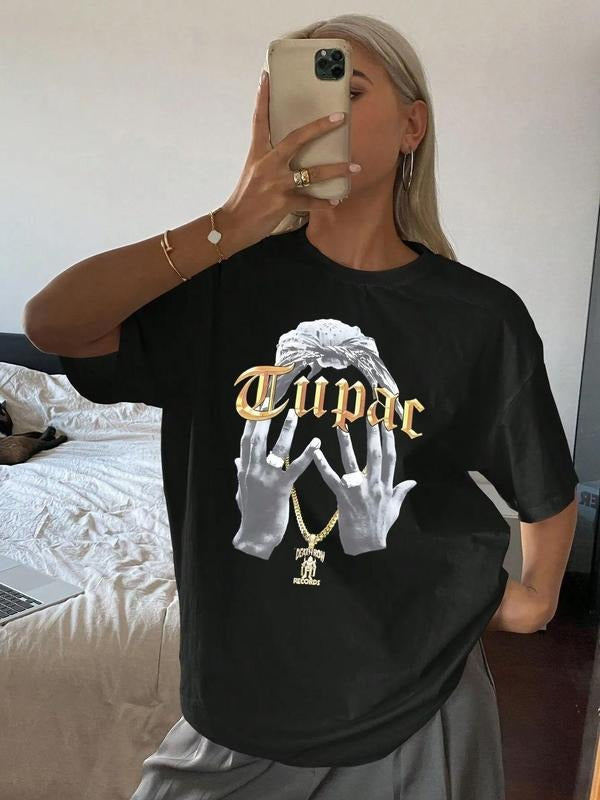 Women's Letter & Hand Print Round Neck Graphic Tee, Vintage Trendy Casual Short Sleeve T-shirt for Daily Wear, Ladies All...