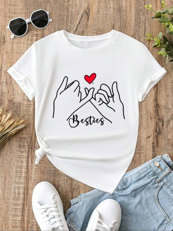 Women's Letter & Hand Print Round Neck Tee, Casual Short Sleeve Crew Neck T-shirt for Summer, Fashion Women's Top for...