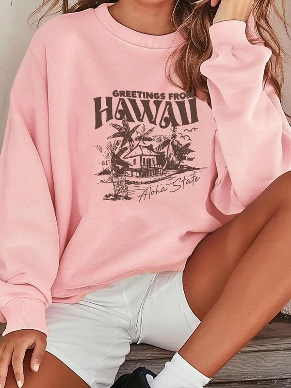 Women's Letter & Hawaii Print Round Neck Pullover, Casual Long Sleeve Crew Neck Sweatshirt for Fall & Winter, Fashion...