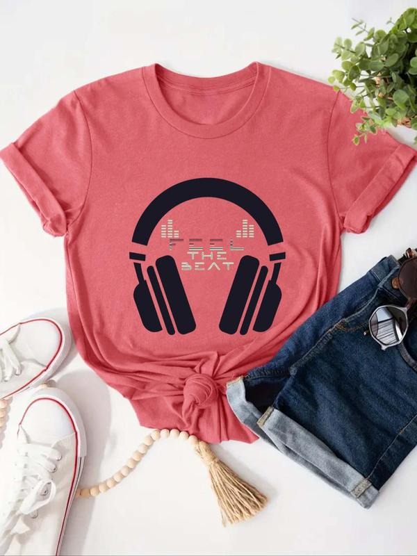 Women's Letter & Headphone Print Round Neck Tee, Casual Short Sleeve T-shirt for Summer, Ladies Clothes for Daily Wear...
