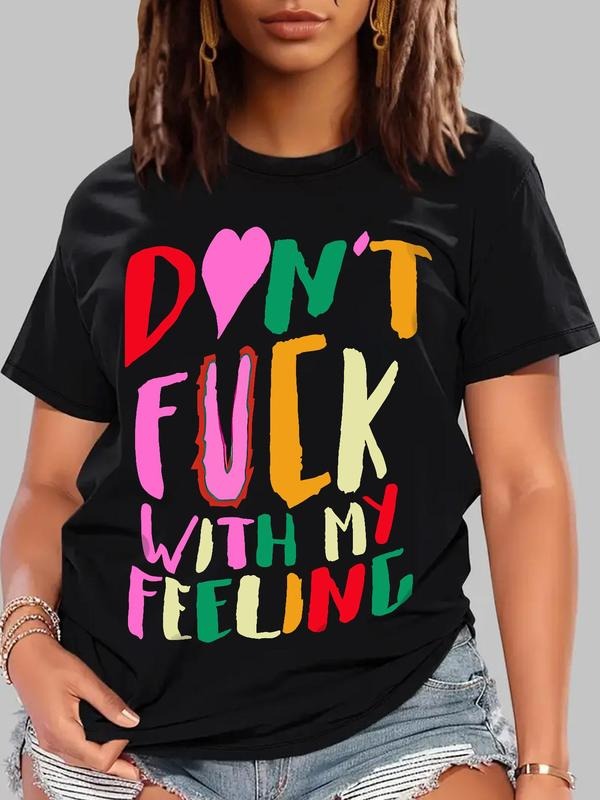 Women's Letter & Heart Graphic Print Round Neck Tee, Fashion Casual Short Sleeve T-Shirt for Summer, Women's Top for...