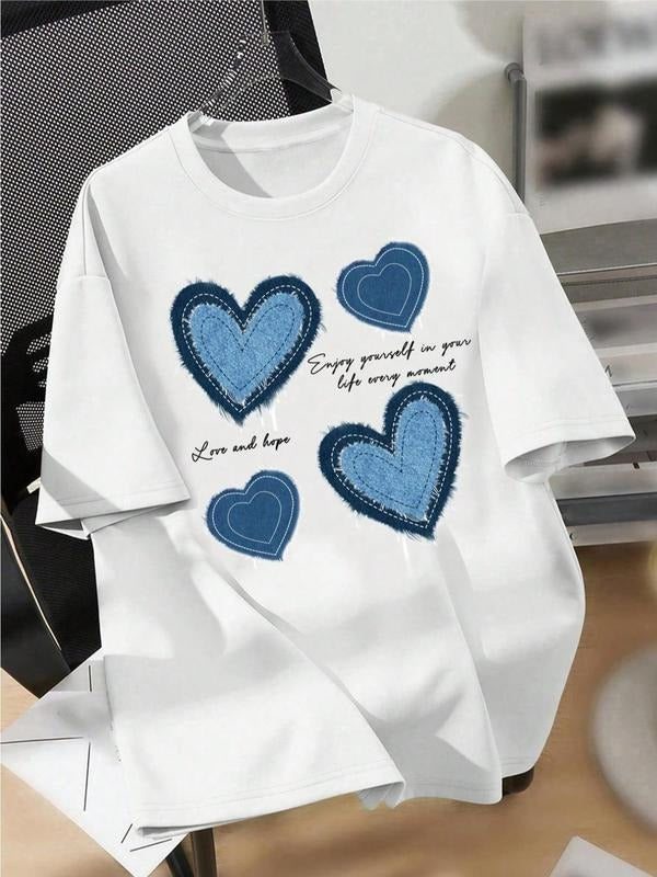 Women's Letter & Heart Pattern Round Neck Tee, Casual Short Sleeve Crew Neck T-shirt for Summer, Fashion Women's Top for...