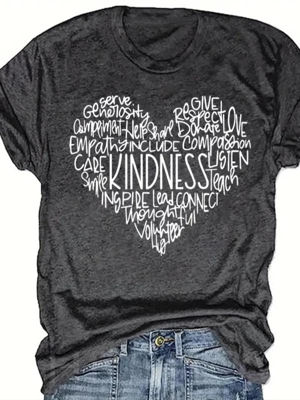 Women's Letter & Heart Print Crew Neck Tee, Trendy Casual Short Sleeve T-Shirt for Daily Wear, Ladies Summer Outfit...
