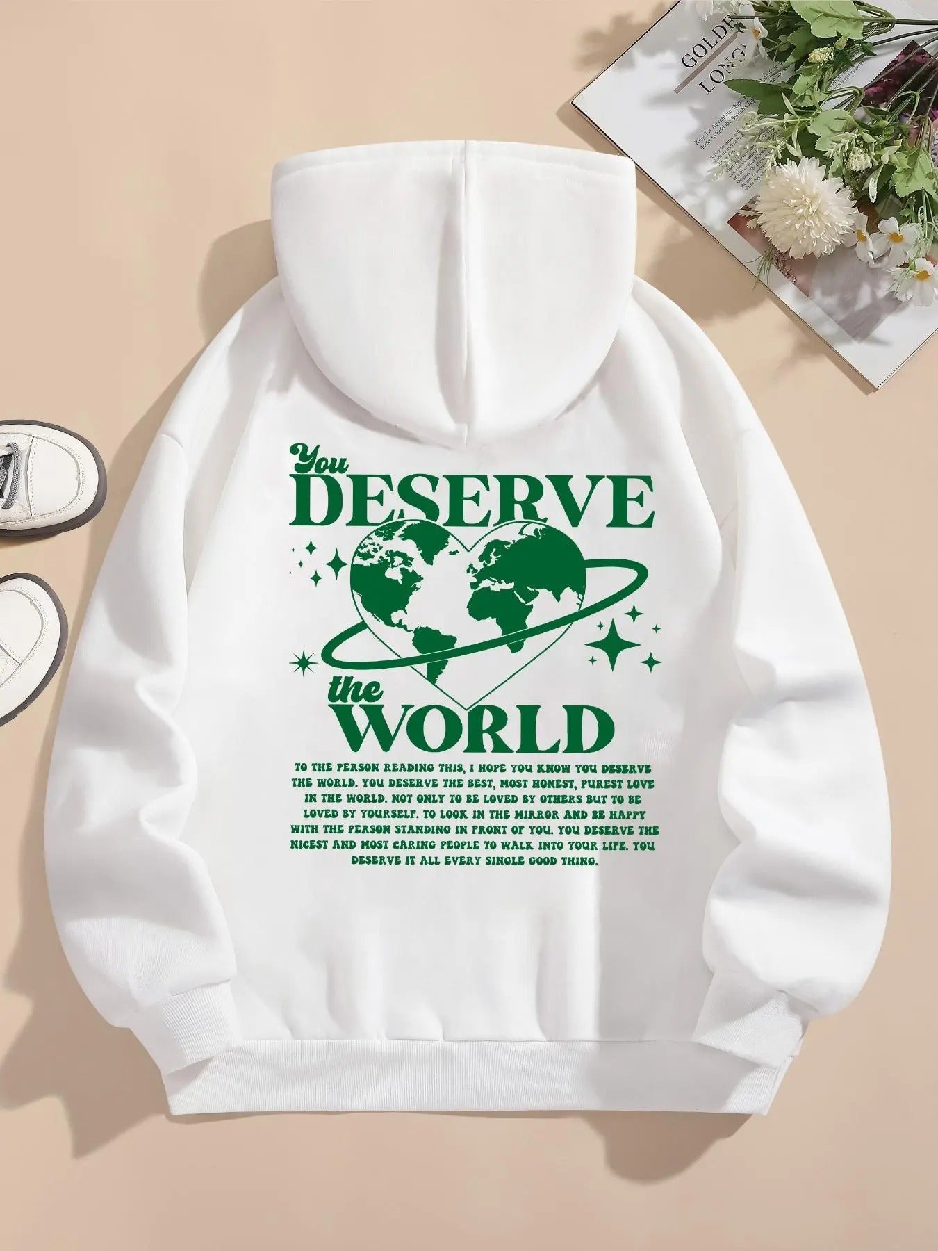 Women's Letter & Heart Print Drop Shoulder Hoodie, Fashion Casual Drawstring Pocket Hooded Sweatshirt for Daily Holiday...