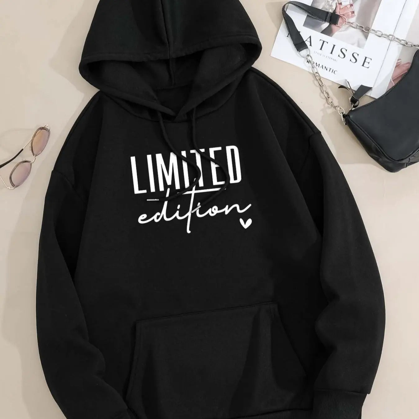 Women's Letter & Heart Print Drop Shoulder Hoodie, Fashion Casual Drawstring Pocket Hooded Sweatshirt for Daily Holiday...