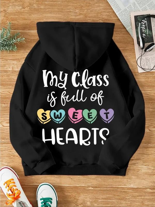 Women's Letter & Heart Print Drop Shoulder Hoodie, Fashion Casual Drawstring Pocket Hooded Sweatshirt for Daily Holiday...