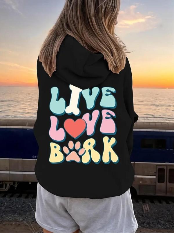 Women's Letter & Heart Print Drop Shoulder Hoodie, Fashion Casual Drawstring Pocket Hooded Sweatshirt for Daily Holiday...