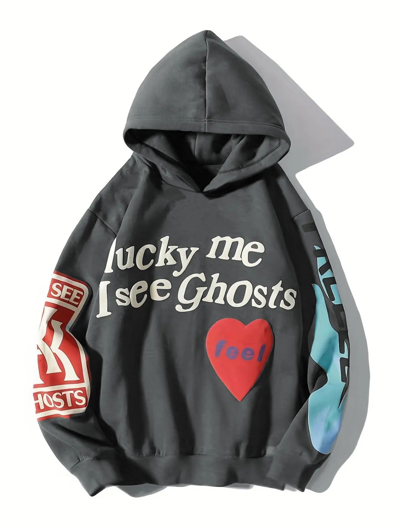 Women's Letter & Heart Print Drop Shoulder Hoodie, Fashion Casual Long Sleeve Hooded Sweatshirt for Daily Holiday Outdoor...