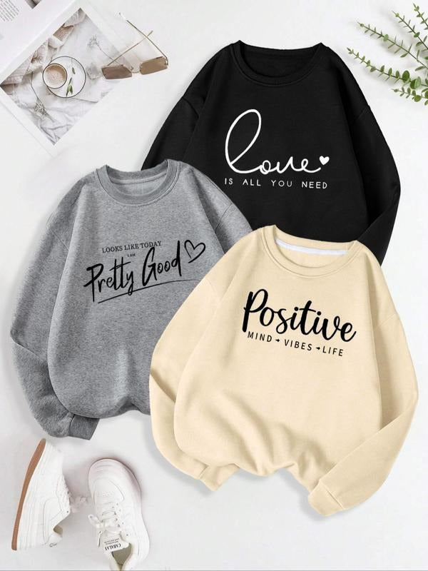 Women's Letter & Heart Print Drop Shoulder Sweatshirt, Casual Long Sleeve Round Neck Pullover for Fall & Winter, Women's...