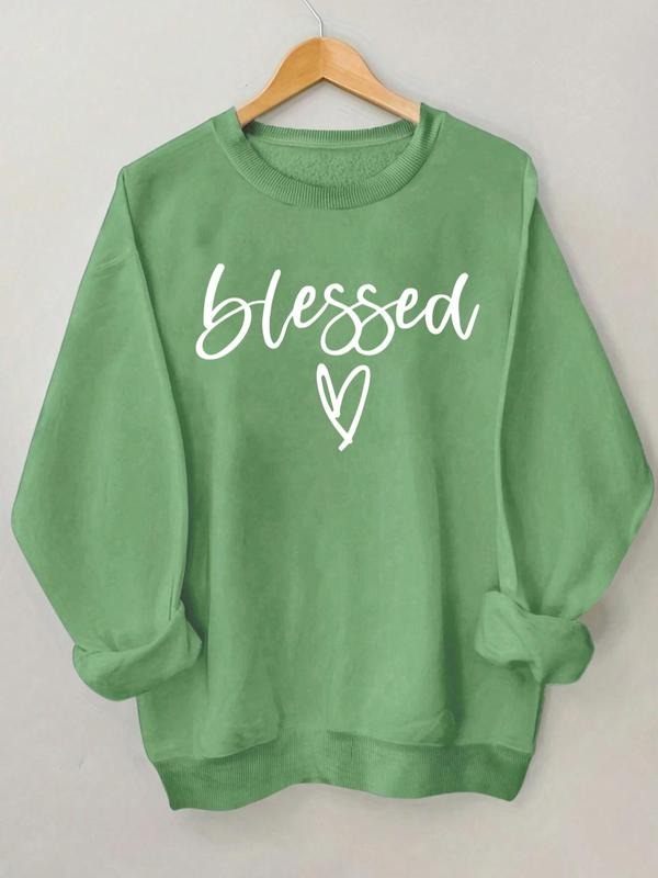Women's Letter & Heart Print Drop Shoulder Sweatshirt, Casual Long Sleeve Round Neck Pullover, Women's Clothes For Daily...