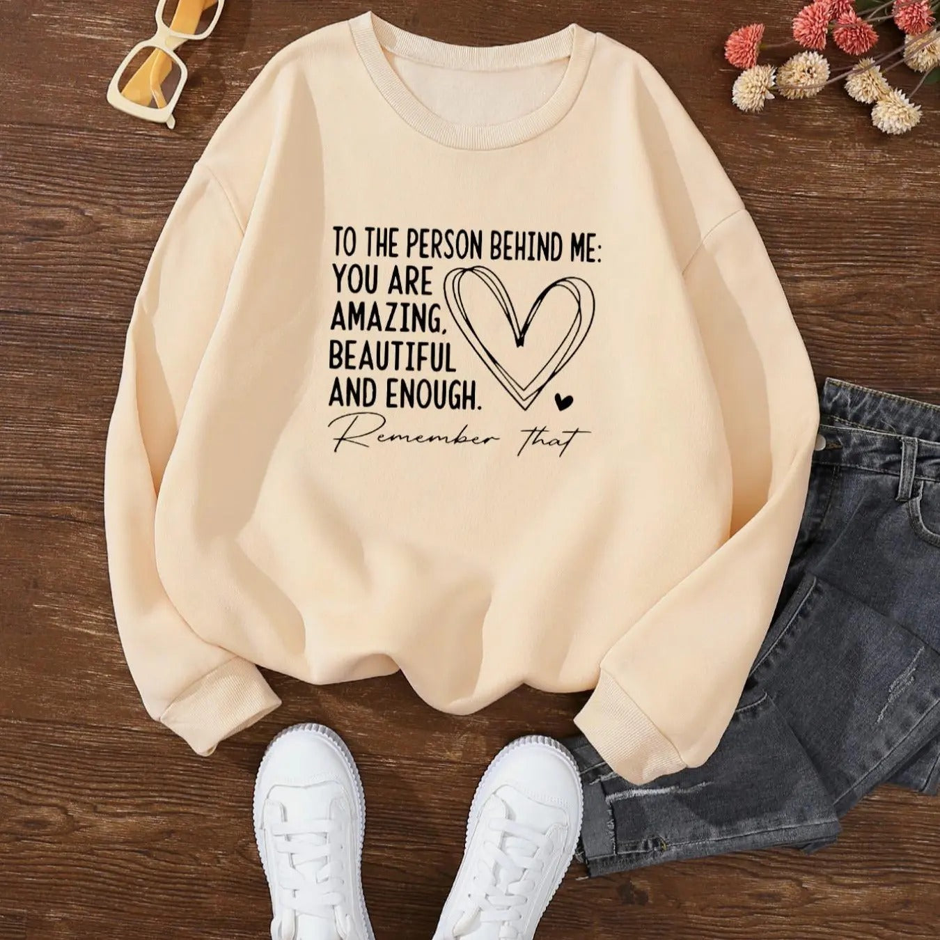 Women's Letter & Heart Print Drop Shoulder Sweatshirt, Fashion Casual Crew Neck Long Sleeve Pullover for Daily Wear,...