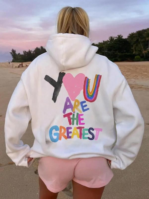 Women's Letter & Heart Print Drop Shoulder Thermal Lined Hoodie, Fashion Casual Drawstring Pocket Hooded Sweatshirt for...