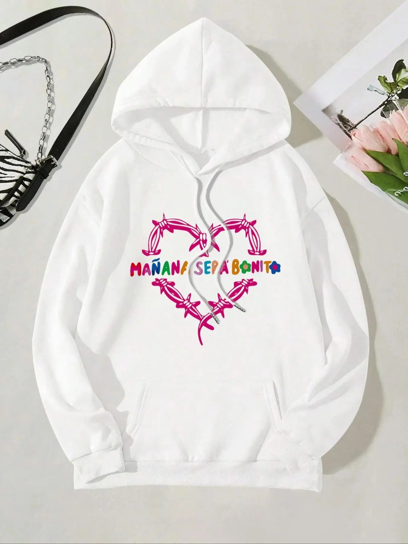 Women's Letter & Heart Print Pocket Pocket Hoodie, Casual Longsleeves Drawstring Sweatshirt for Outdoor, Womenswear, Lady...