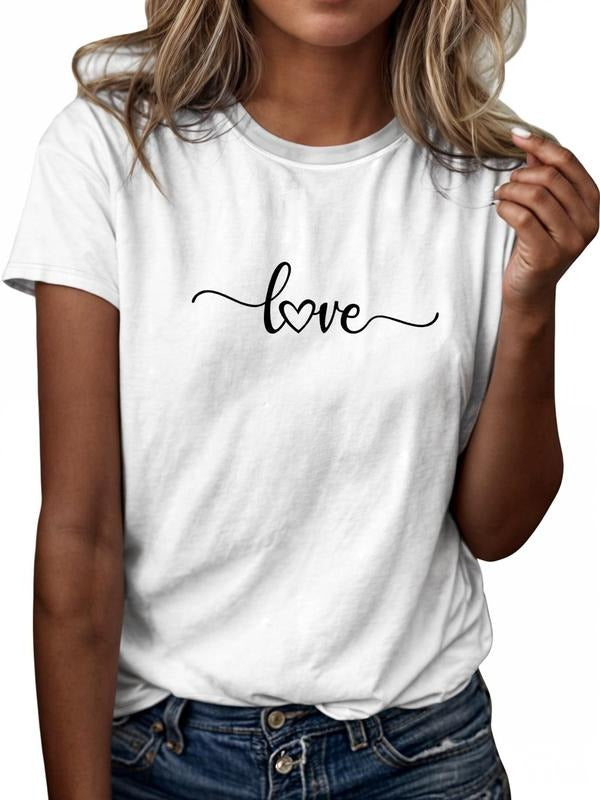 Women's Letter & Heart Print Round Neck Graphic Tee, Vintage Trendy Casual Short Sleeve T-shirt For Daily Wear, Ladies...