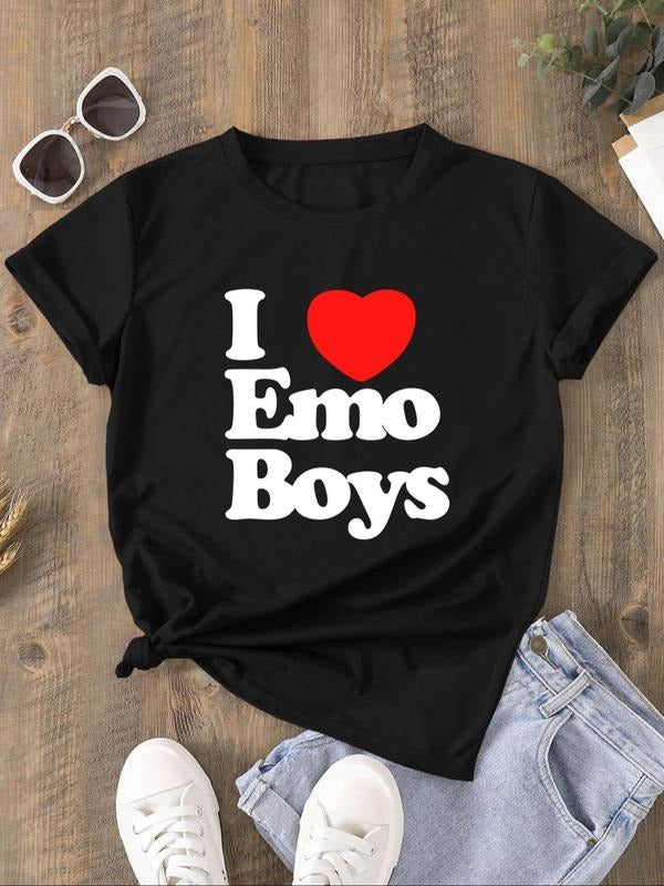 Women's Letter & Heart Print Round Neck Tee, Casual Crew Neck Short Sleeve T-shirt, Women's Top for Daily Wear Hoodie,...