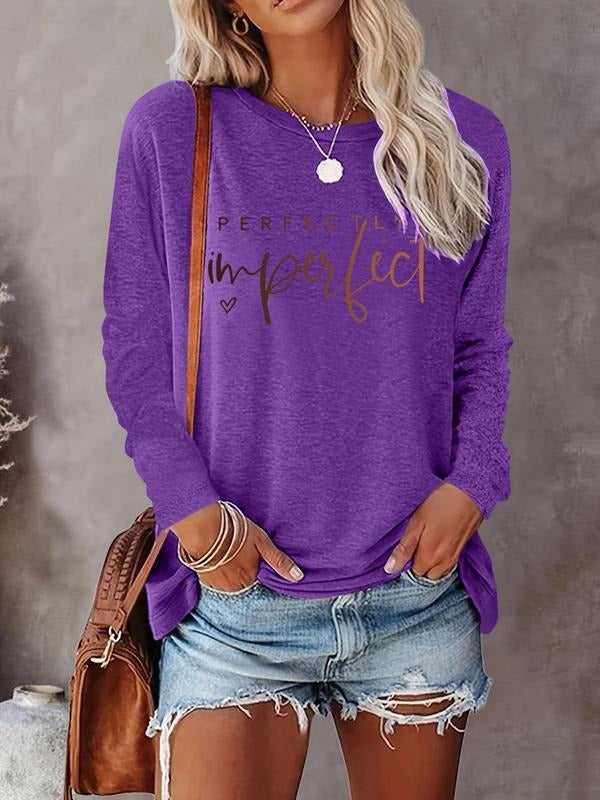 Women's Letter & Heart Print Round Neck Tee, Casual Long Sleeve Crew Neck T-shirt for Fall & Winter, Women's Top for...