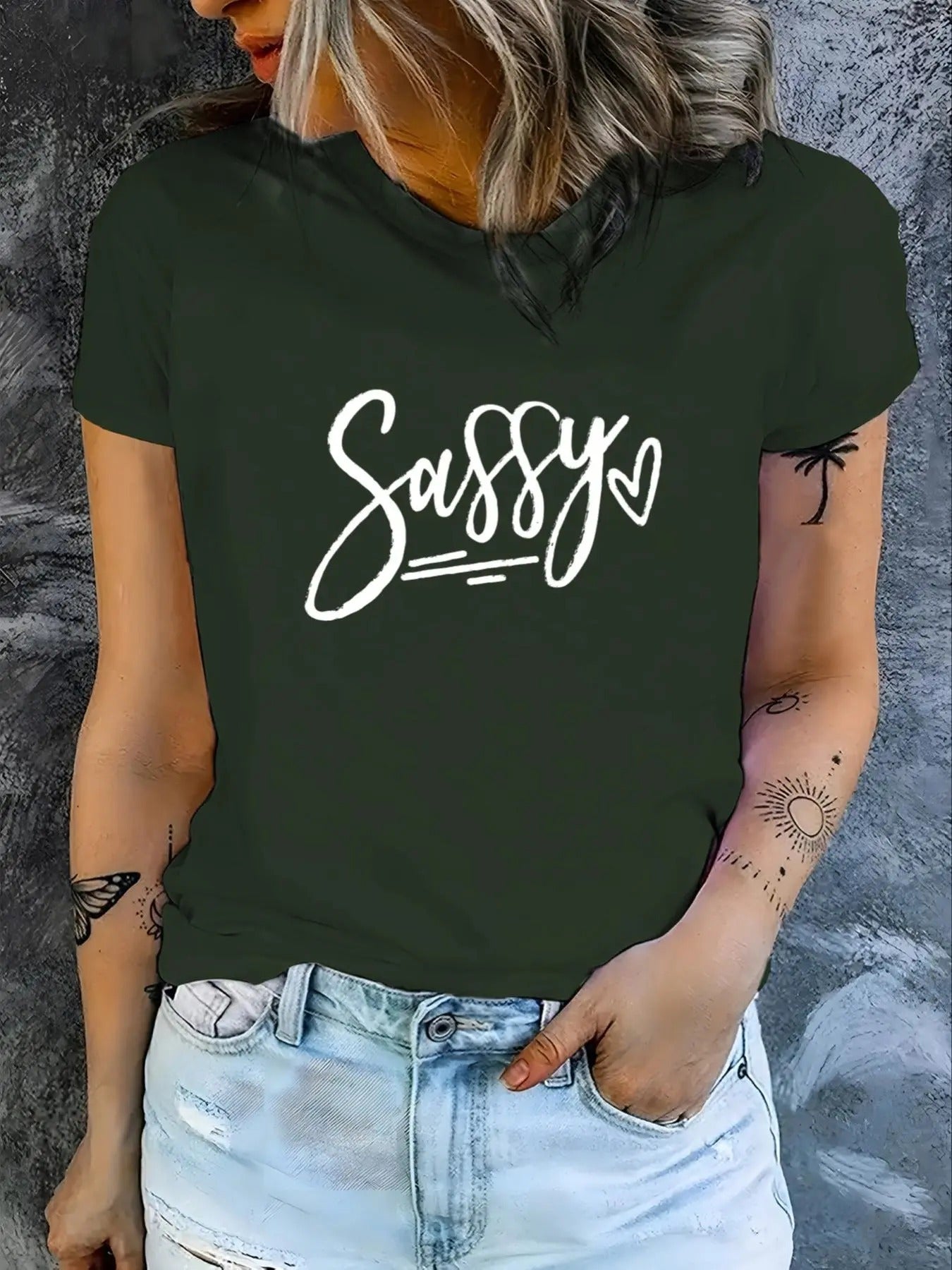 Women's Letter & Heart Print Round Neck Tee, Casual Short Sleeve Crew Neck T-Shirt for Daily Wear, Ladies Clothes for All...