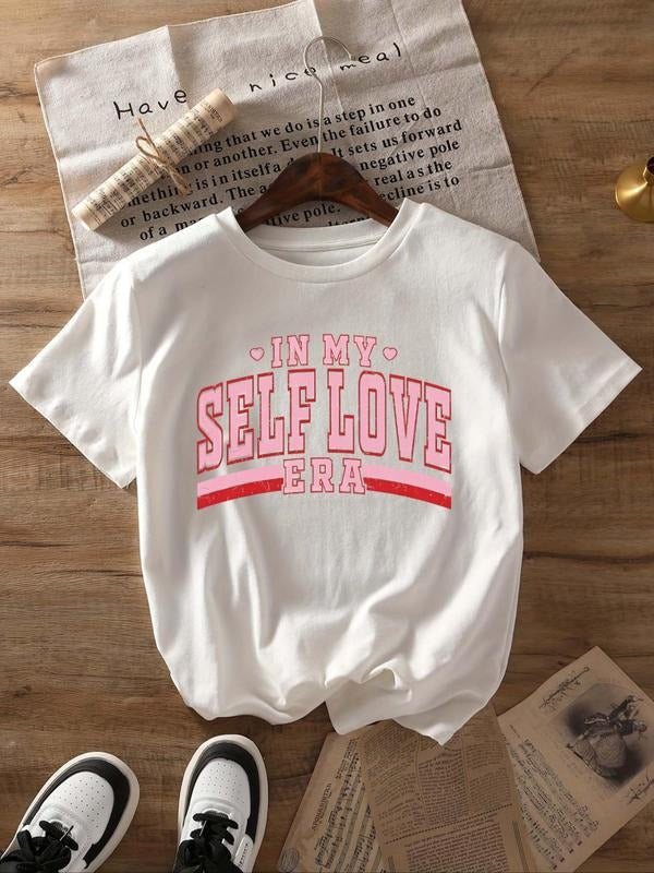 Women's Letter & Heart Print Round Neck Tee, Casual Short Sleeve Crew Neck T-Shirt for Summer, Fashion Women's Top for...