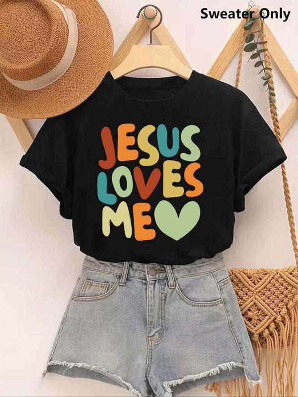 Women's Letter & Heart Print Round Neck Tee, Casual Short Sleeve Crew Neck T-Shirt, Ladies Clothes for Summer Hoodie,...