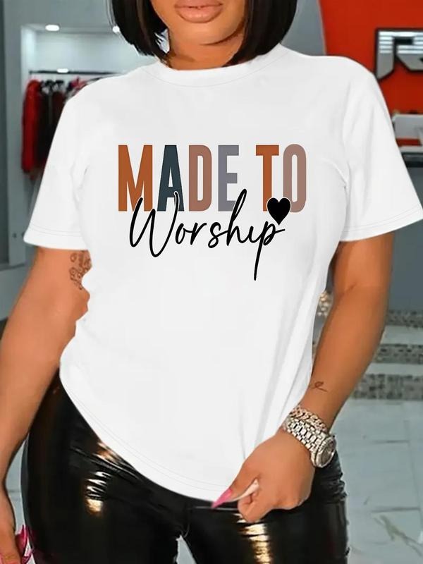 Women's Letter & Heart Print Round Neck Tee, Casual Short Sleeve Crew Neck T-shirt for Daily Wear, Women's Clothing for...