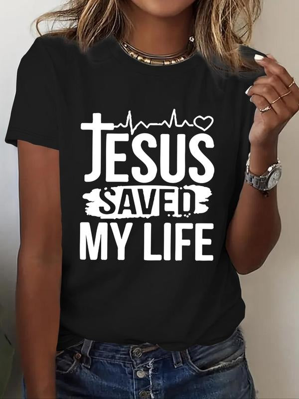 Women's Letter & Heart Print Round Neck Tee, Casual Short Sleeve Crew Neck T-shirt for Summer, Women's Top for Daily Wear...