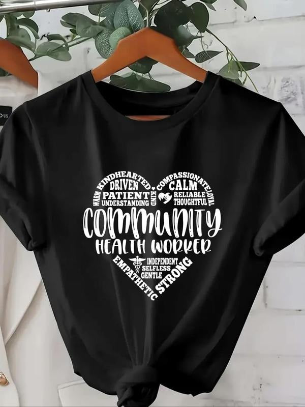 Women's Letter & Heart Print Round Neck Tee, Casual Short Sleeve Crew Neck T-shirt, Ladies Summer Outfit Hoodie, Sweatshirt