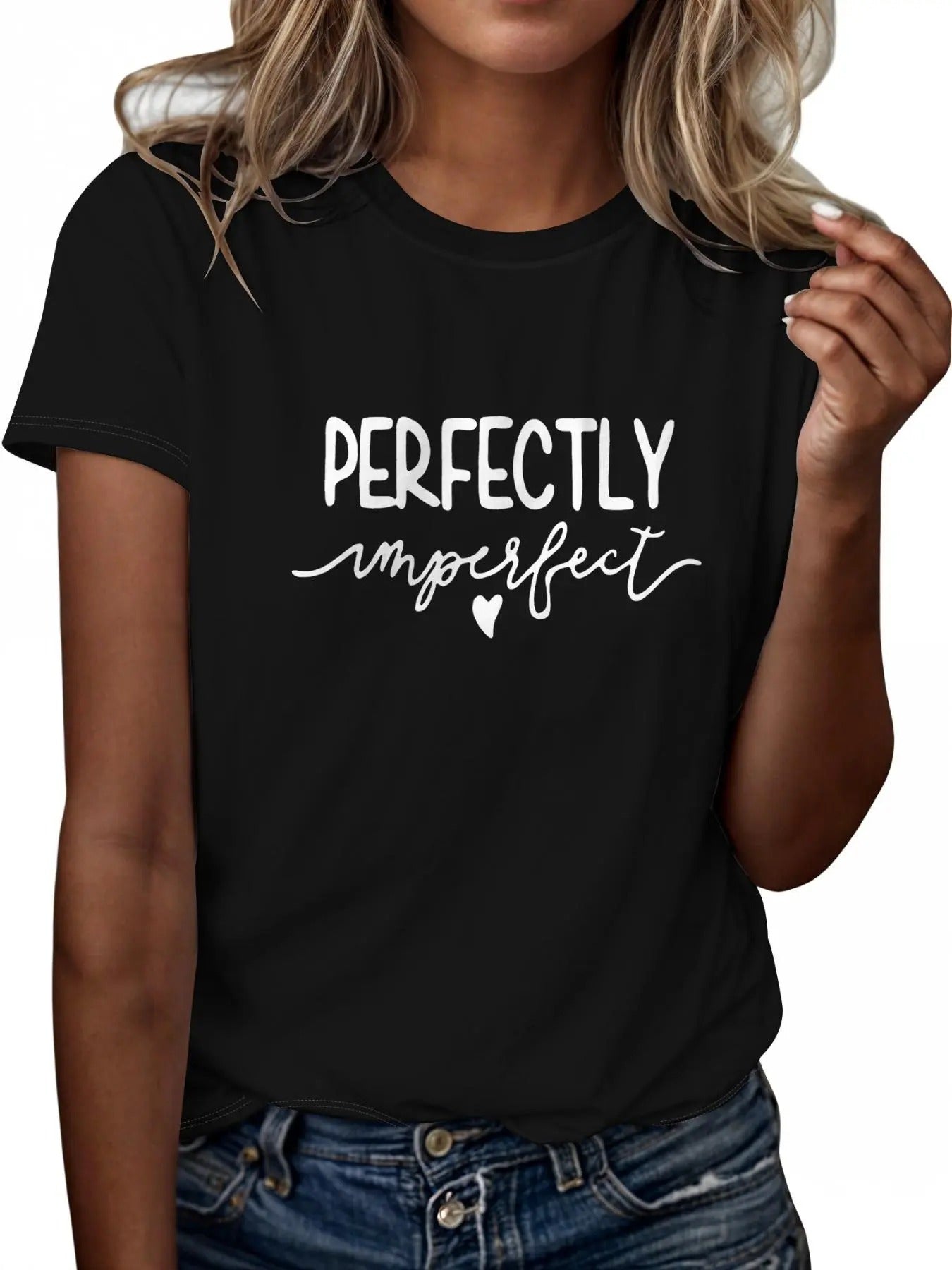 Women's Letter & Heart Print Round Neck Tee, Casual Short Sleeve Crew Neck T-shirt, Ladies Summer Outfit for Daily Wear...