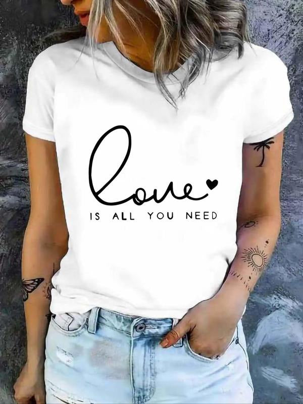 Women's Letter & Heart Print Round Neck Tee, Casual Short Sleeve Graphic T-shirt, Ladies All Seasons Outfit Hoodie,...