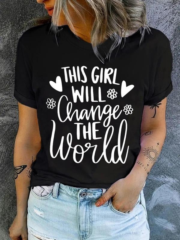 Women's Letter & Heart Print Round Neck Tee, Casual Short Sleeve T-shirt for Daily Wear, Ladies All Seasons Outfit...