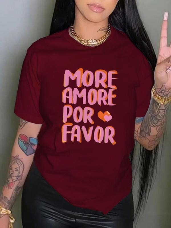 Women's Letter & Heart Print Round Neck Tee, Fashion Casual Crew Neck T-Shirt for Daily Holiday Vacation Outdoor Wear,...
