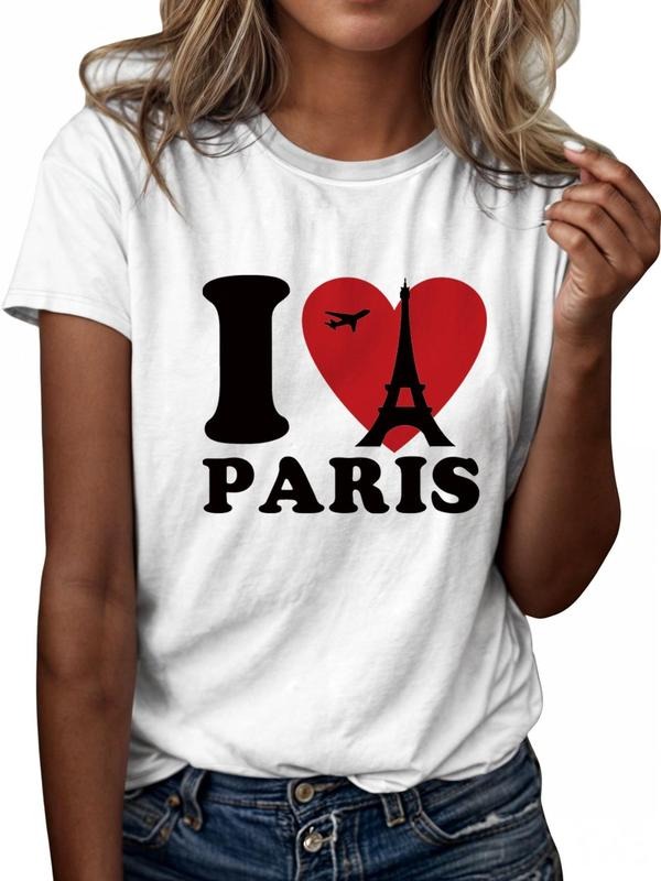 Women's Letter & Heart Print Round Neck Tee, Fashion Casual Eiffel Graphic Short Sleeve T-Shirt for Daily Outdoor Wear,...