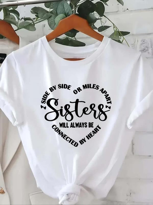 Women's Letter & Heart Print Short Sleeve Tee, Casual Round Neck Crew Neck T-shirt, Women's Top for Daily Wear Hoodie,...