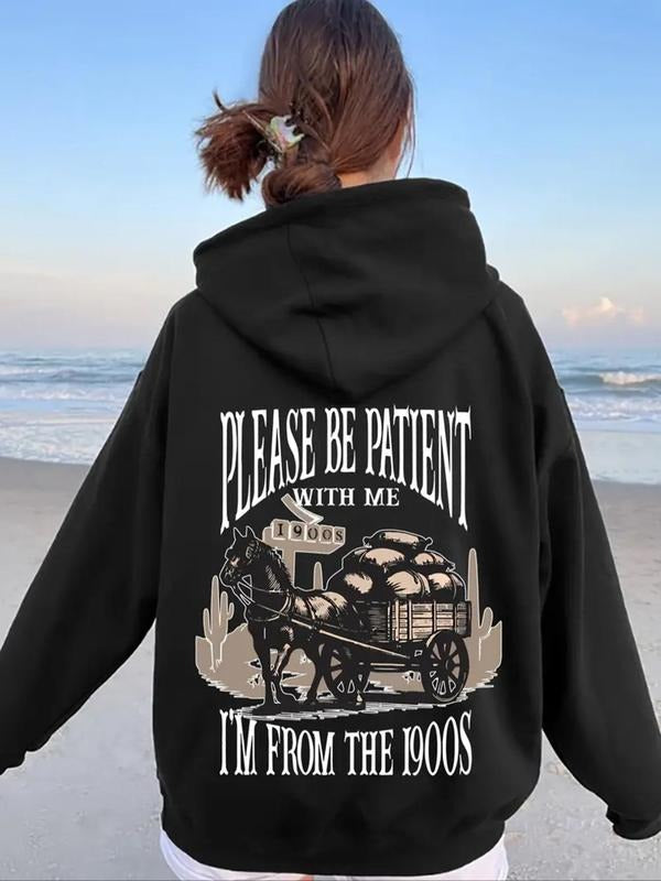 Women's Letter & Horse Cart Print Drop Shoulder Hoodie, Fashion Casual Drawstring Pocket Hooded Sweatshirt for Daily...