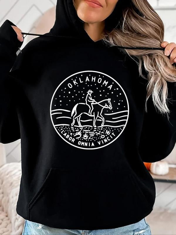 Women's Letter & Horse Print Drop Shoulder Hoodie, Casual Graphic Drawstring Pocket Hooded Sweatshirt for Spring & Fall,...