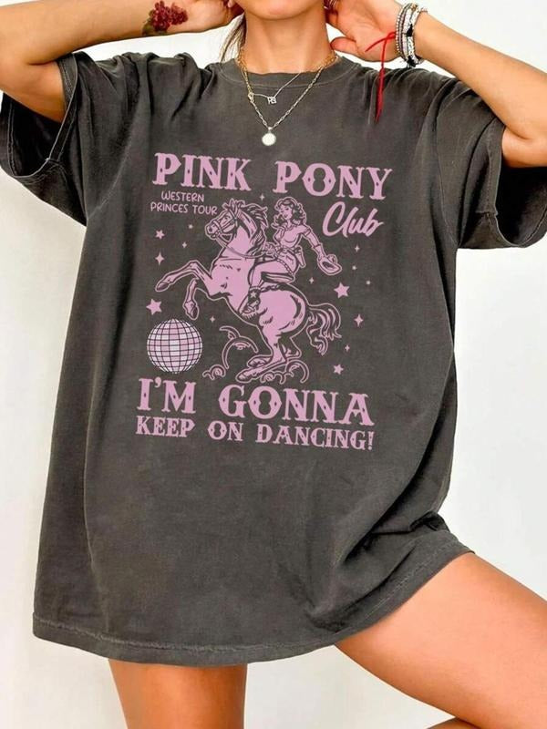 Women's Letter & Horse Print Round Neck Tee, Casual Short Sleeve Crew Neck T-shirt for Summer, Fashion Women's Top for...