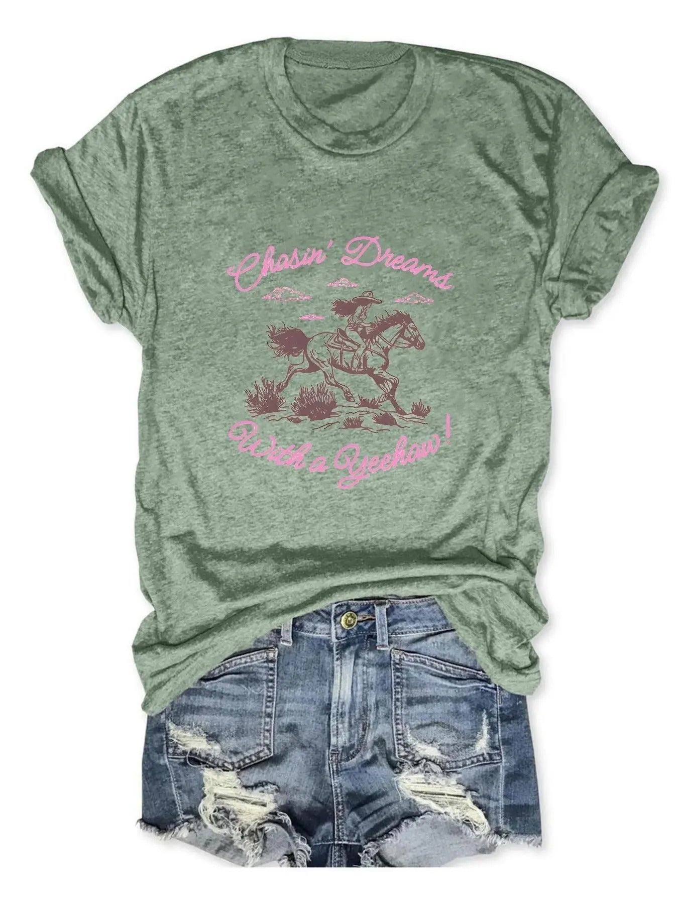 Women's Letter & Horse Print Round Neck Tee, Vintage Trendy Casual Short Sleeve T-shirt for Daily Wear, Ladies All-match...