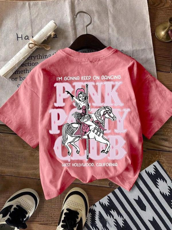 Women's Letter & Horse Print Round Neck Tee, Vintage Trendy Casual Short Sleeve T-shirt for Daily Wear, Ladies Summer...