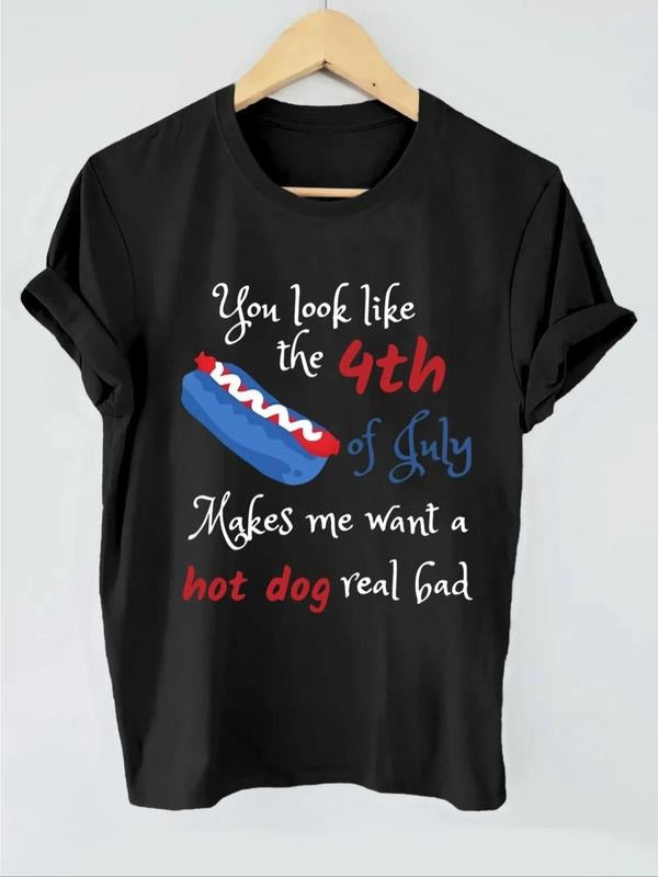 Women's Letter & Hot Dog Print Round Neck Tee, Trendy Casual Short Sleeve Crew Neck T-shirt For Daily Wear, Ladies Summer...