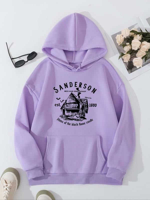 Women's Letter & House Print Drop Shoulder Hoodie, Fashion Casual Drawstring Pocket Hooded Sweatshirt for Daily Holiday...