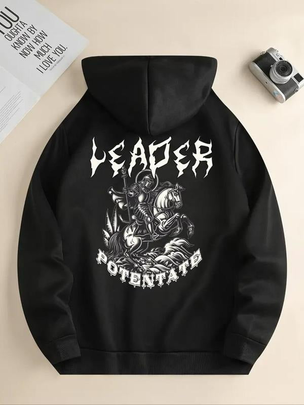 Women's Letter & Knight Print Drop Shoulder Hoodie, Fashion Casual Drawstring Pocket Hooded Sweatshirt for Daily Holiday...