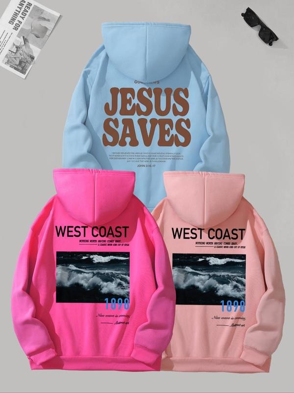 Women's Letter & Landscape Print Drop Shoulder Hoodie, Casual Graphic Drawstring Pocket Hooded Sweatshirt for Daily...