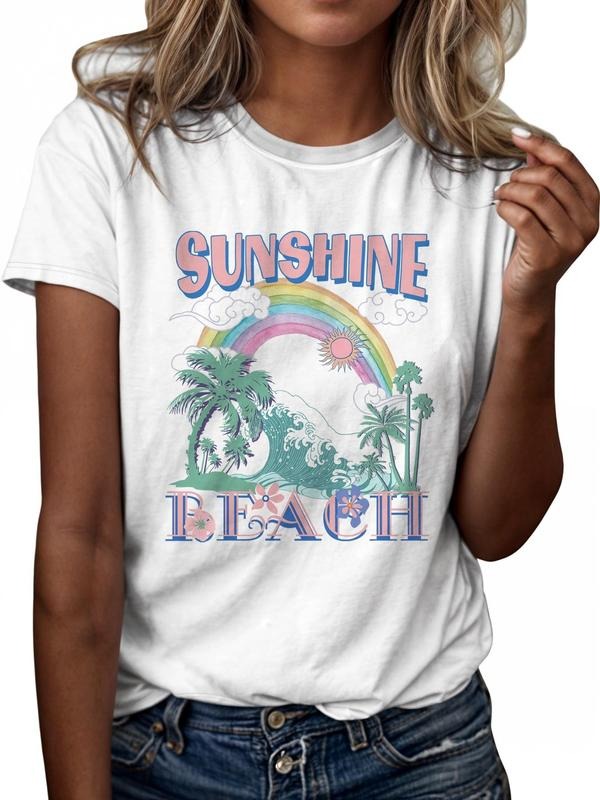 Women's Letter & Landscape Print Round Neck Tee, Casual Short Sleeve Graphic T-shirt, Ladies All Seasons Outfit for Daily...