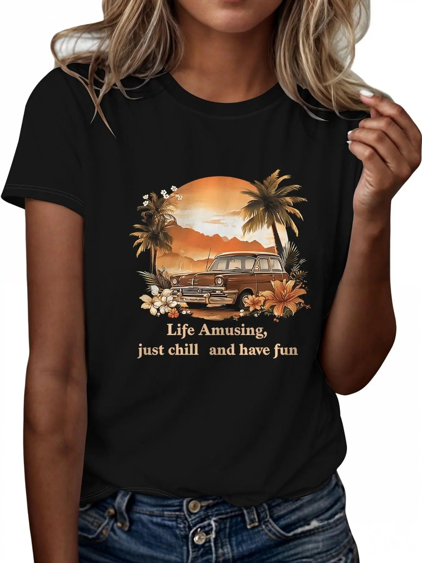 Women's Letter & Landscape Print Round Neck Tee, Casual Short Sleeve T-Shirt, Ladies All Seasons Outfit Hoodie, Sweatshirt