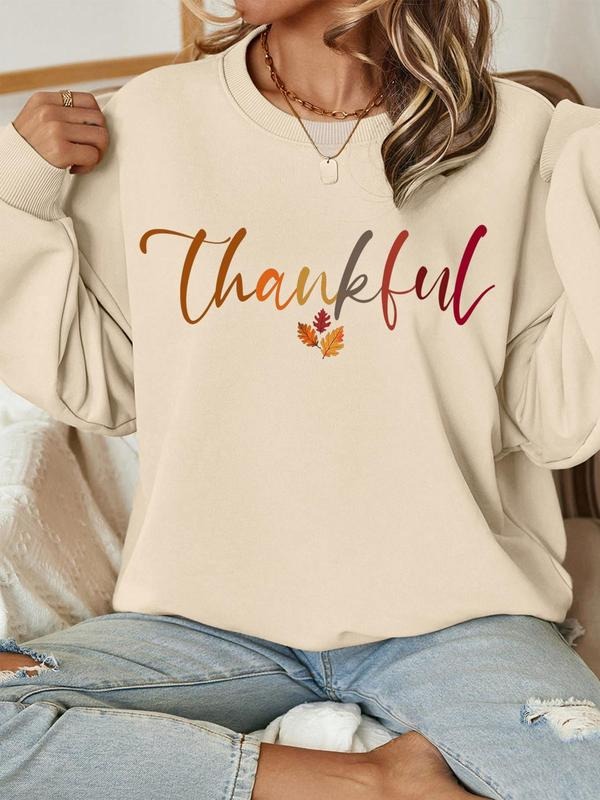 Women's Letter & Leaf Print Crew Neck Sweatshirt, Casual Long Sleeve Pullover for Fall & Winter, Women's Clothes for...