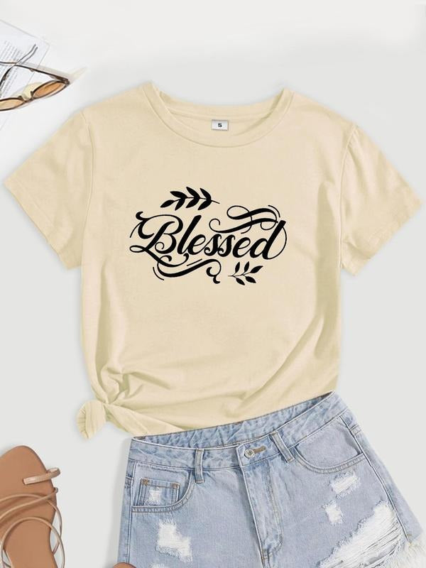 Women's Letter & Leaf Print Round Neck Tee, Summer Clothes Women, Casual Short Sleeve T-Shirt for Summer, Women's Top for...