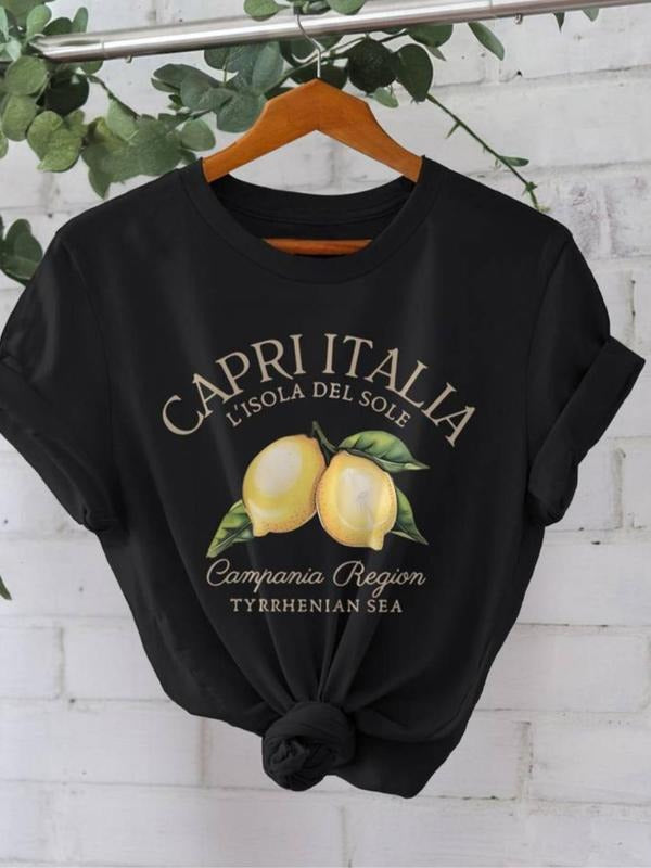 Women's Letter & Lemon Print Round Neck Tee, Casual Short Sleeve Crew Neck T-Shirt for Summer, Fashion Women's Top for...