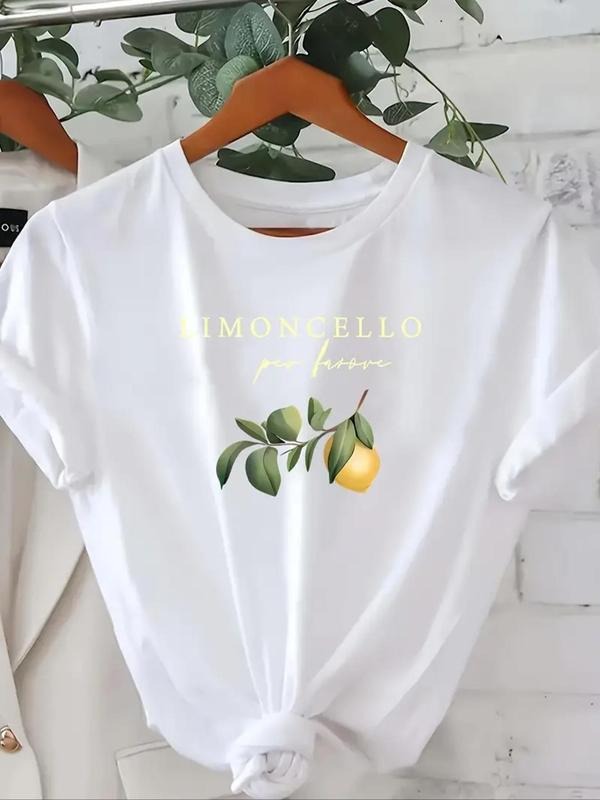 Women's Letter & Lemon Print Round Neck Tee, Casual Short Sleeve Crew Neck T-Shirt for Summer, Fashion Women's Top for...