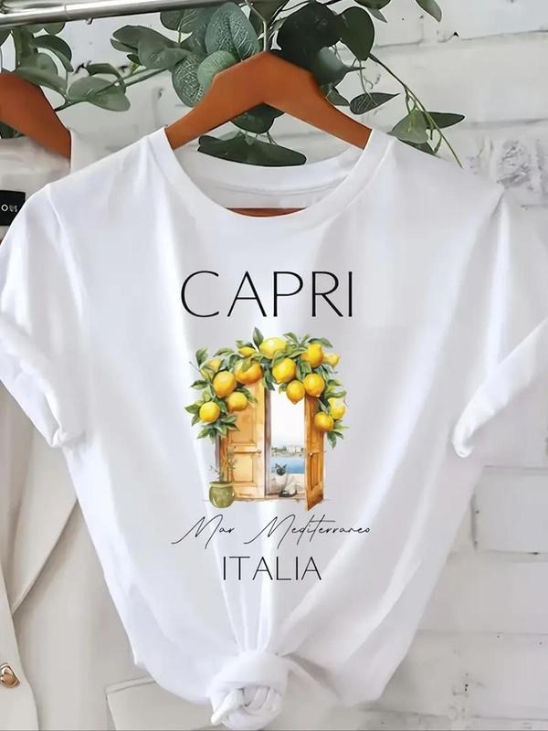 Women's Letter & Lemon Print Round Neck Tee, Casual Short Sleeve Crew Neck T-Shirt for Summer, Fashion Women's Top for...