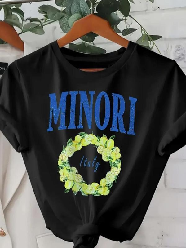 Women's Letter & Lemon Print Round Neck Tee, Trendy Casual Short Sleeve Crew Neck T-Shirt for Summer, Fashion Women's Top...