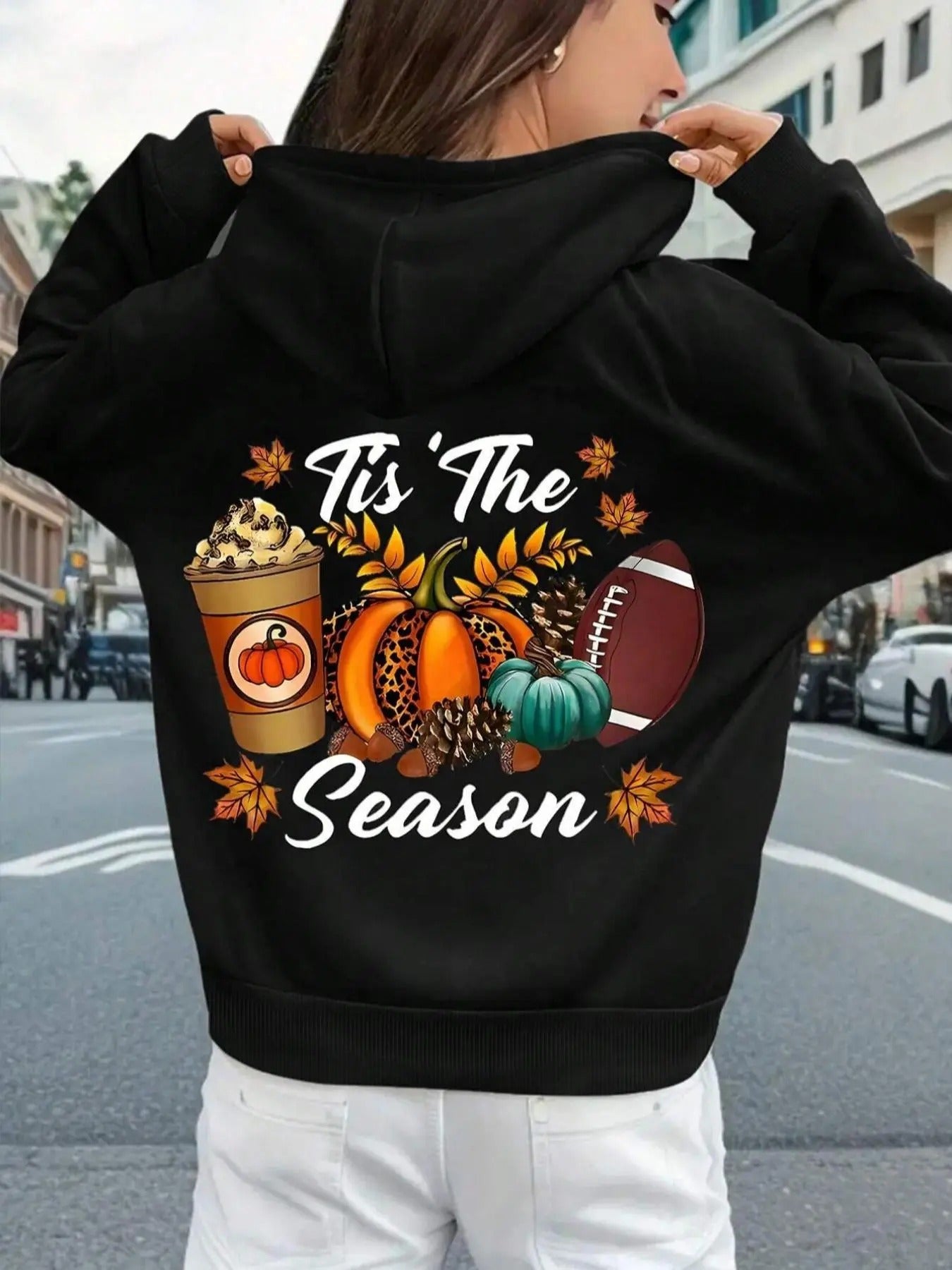 Letter & Leopard Pumpkin Print Drop Shoulder Thermal Lined Casual Drawstring Pocket Hooded Daily Outdoor Fall & Winter T-Shirts, Hoodie, Sweatshirt